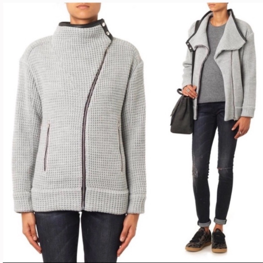 NWT IRO Chelane Waffle Knit Wool Blend Leather Trim Zip Up Jacket. Size 36